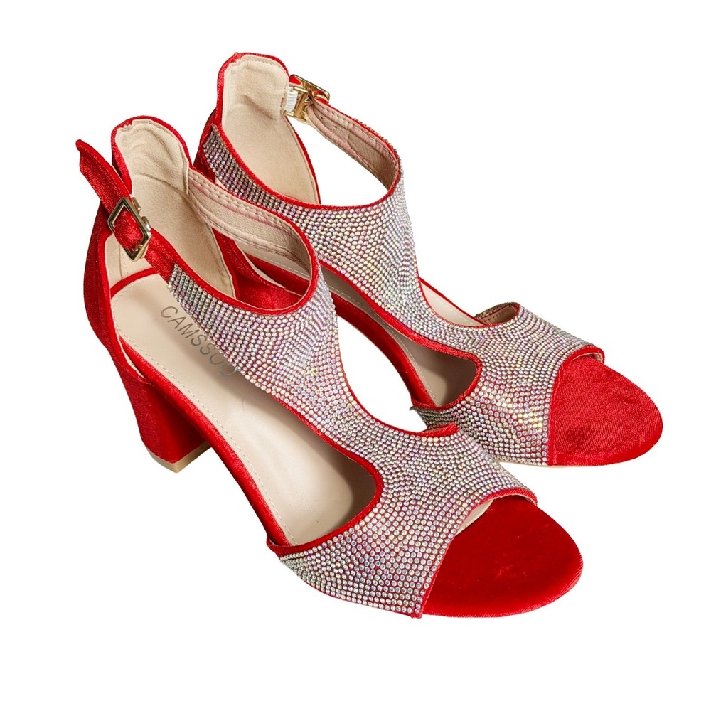 Camssoo Women's Size 38 (US 7) Rhinestone Block Heeled Sandals Red Velvet